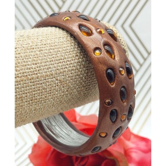 Bronze Color & Amber Glass Small Wrist Unique Bangle Bracelet Boho Brown - Picture 2 of 7